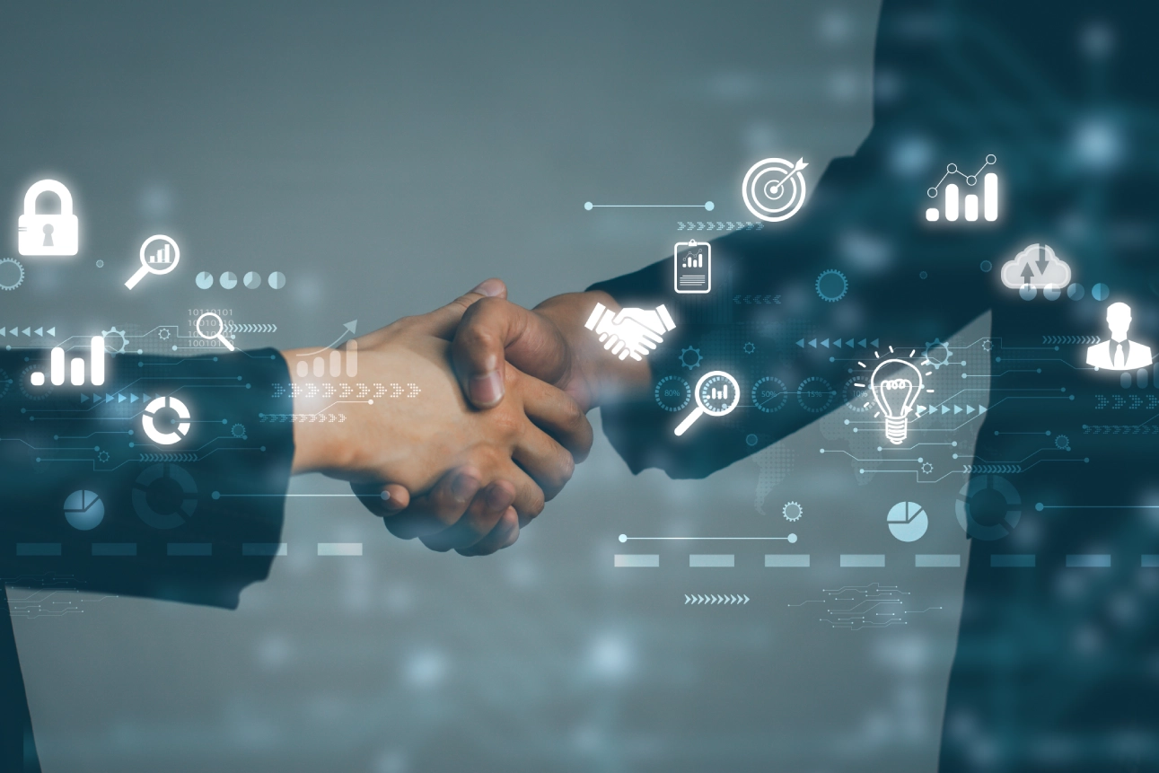 Handshake with digital business icons overlay.