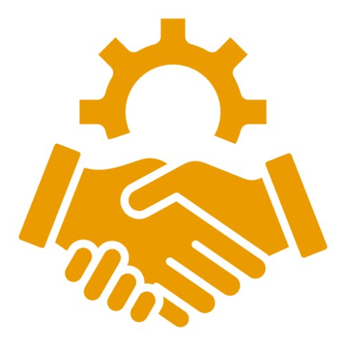 An orange icon of two hands shaking, symbolizing agreement or partnership.