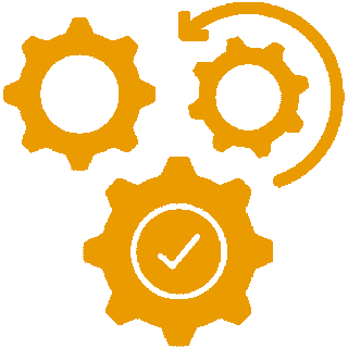 Orange gear icons representing settings and synchronization.
